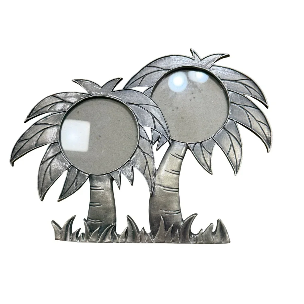 Palm Tree Double Picture Frame Pewter Silver Tone Coastal Tropical Decor